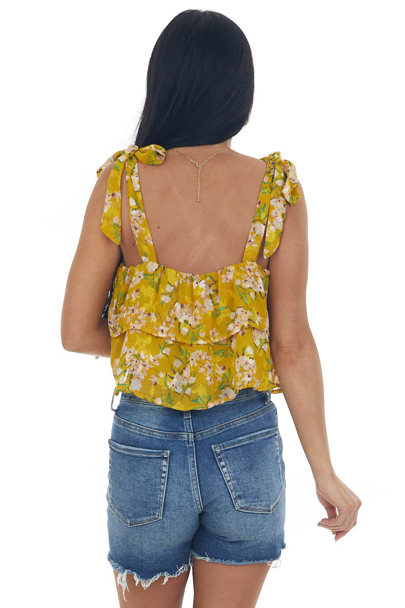 Mustard Textured Floral Ruffle Tiered Crop Top