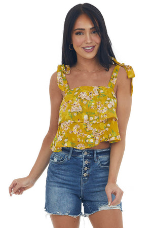 Mustard Textured Floral Ruffle Tiered Crop Top