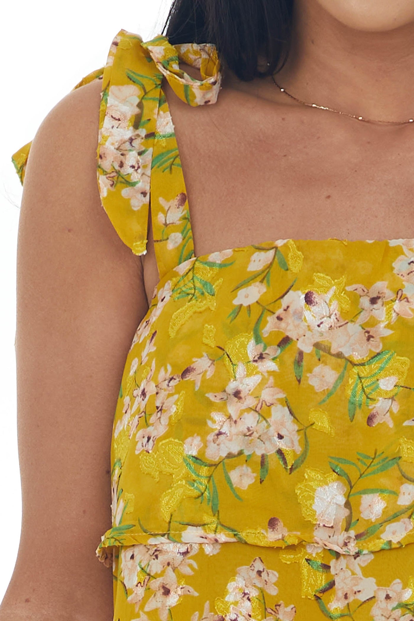 Mustard Textured Floral Ruffle Tiered Crop Top