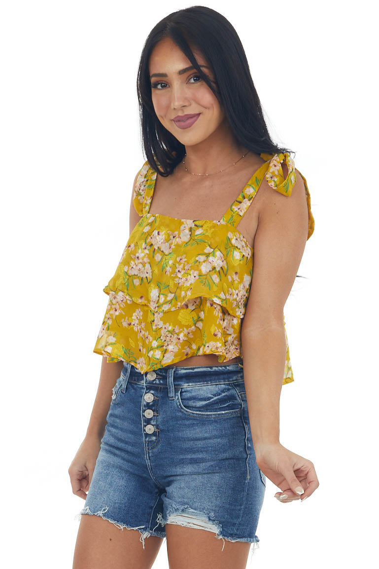 Mustard Textured Floral Ruffle Tiered Crop Top