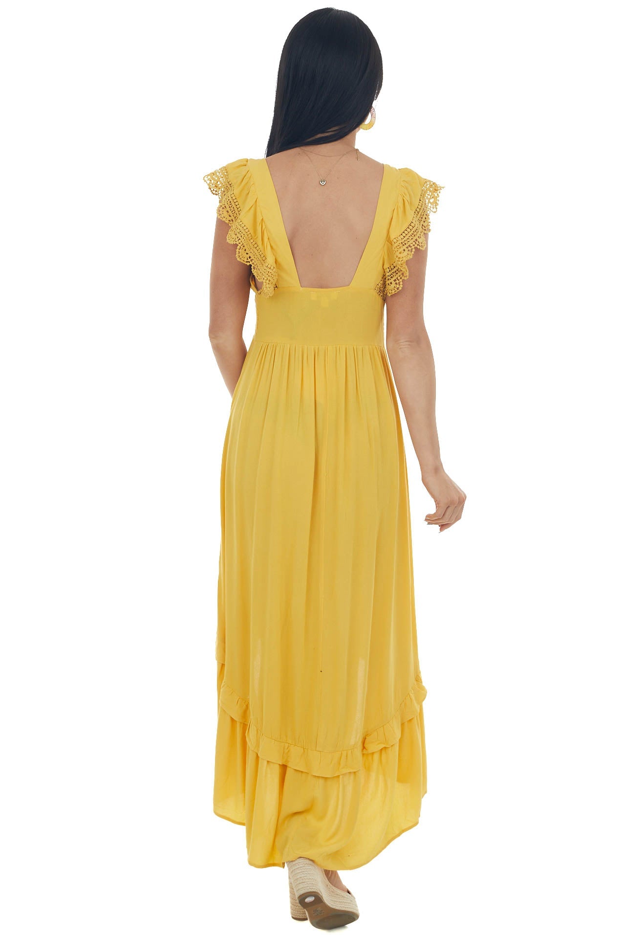 Mustard V Neck Lace Cap Sleeve High Low Dress