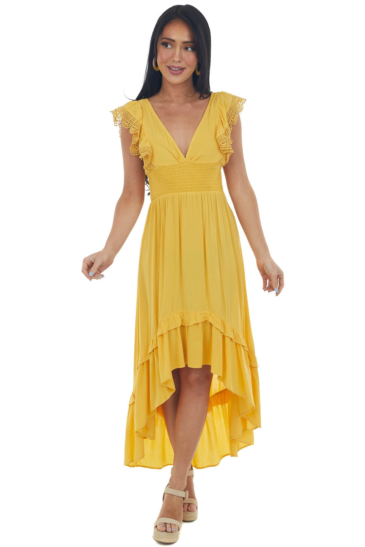 Mustard V Neck Lace Cap Sleeve High Low Dress