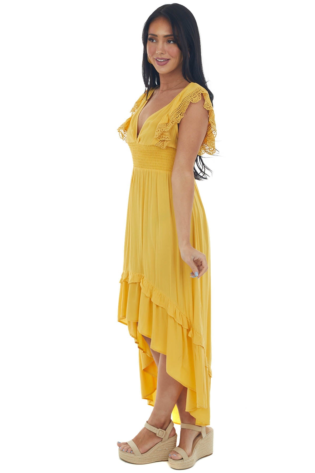 Mustard V Neck Lace Cap Sleeve High Low Dress