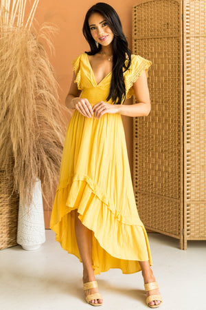 Mustard V Neck Lace Cap Sleeve High Low Dress