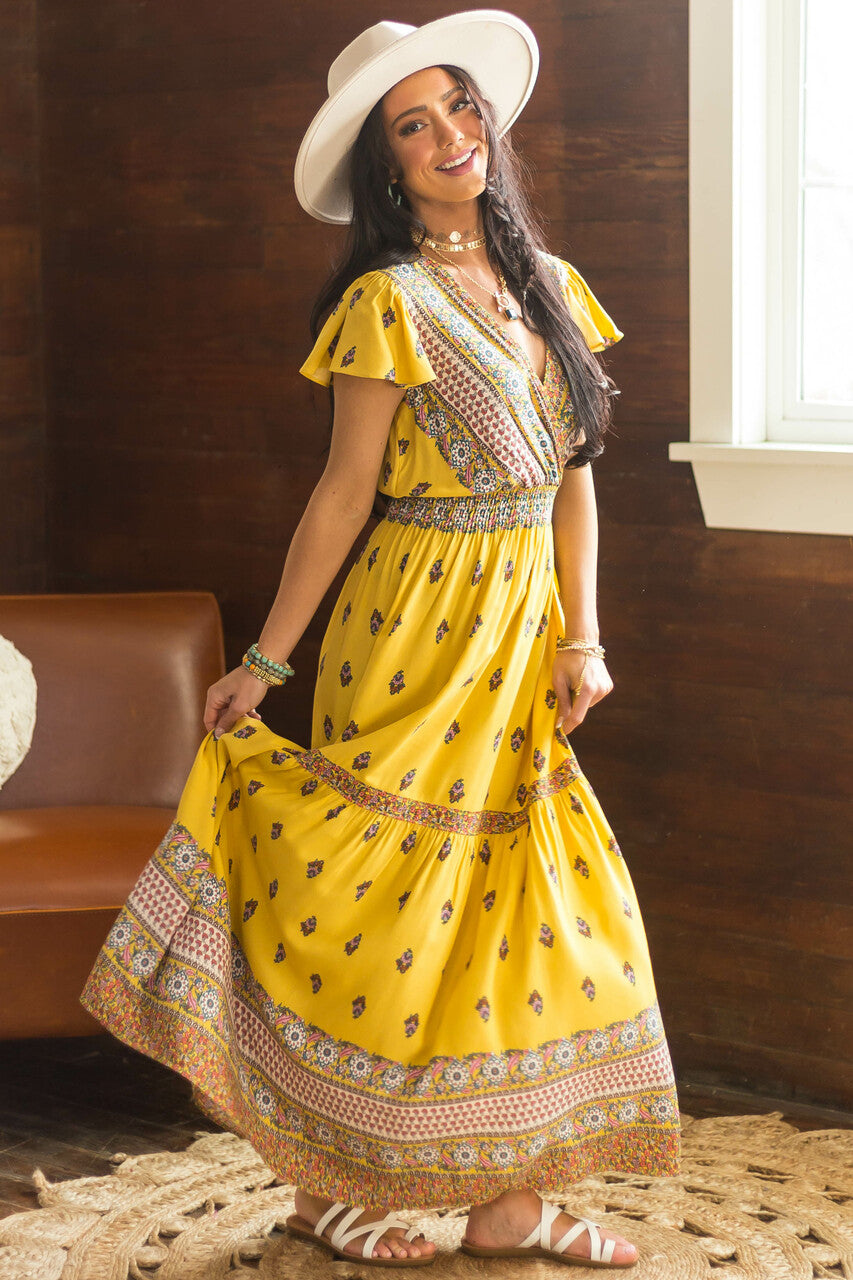 Mustard Printed Surplice Woven Maxi Dress