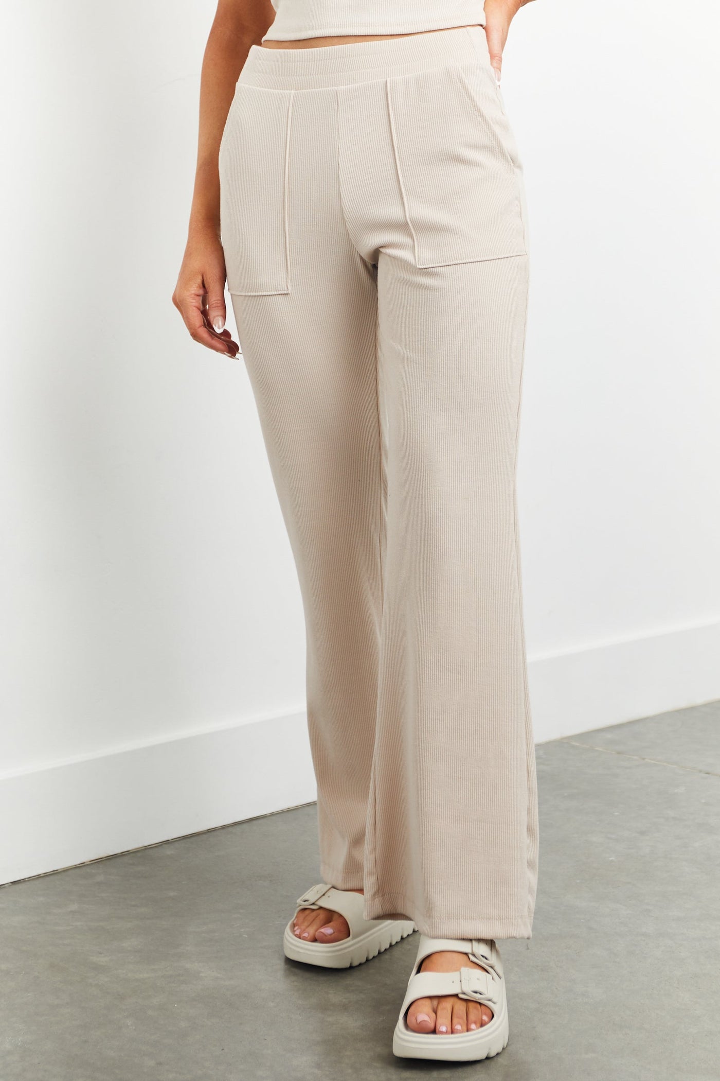 Natural Ribbed Knit Wide Leg Comfy Pants