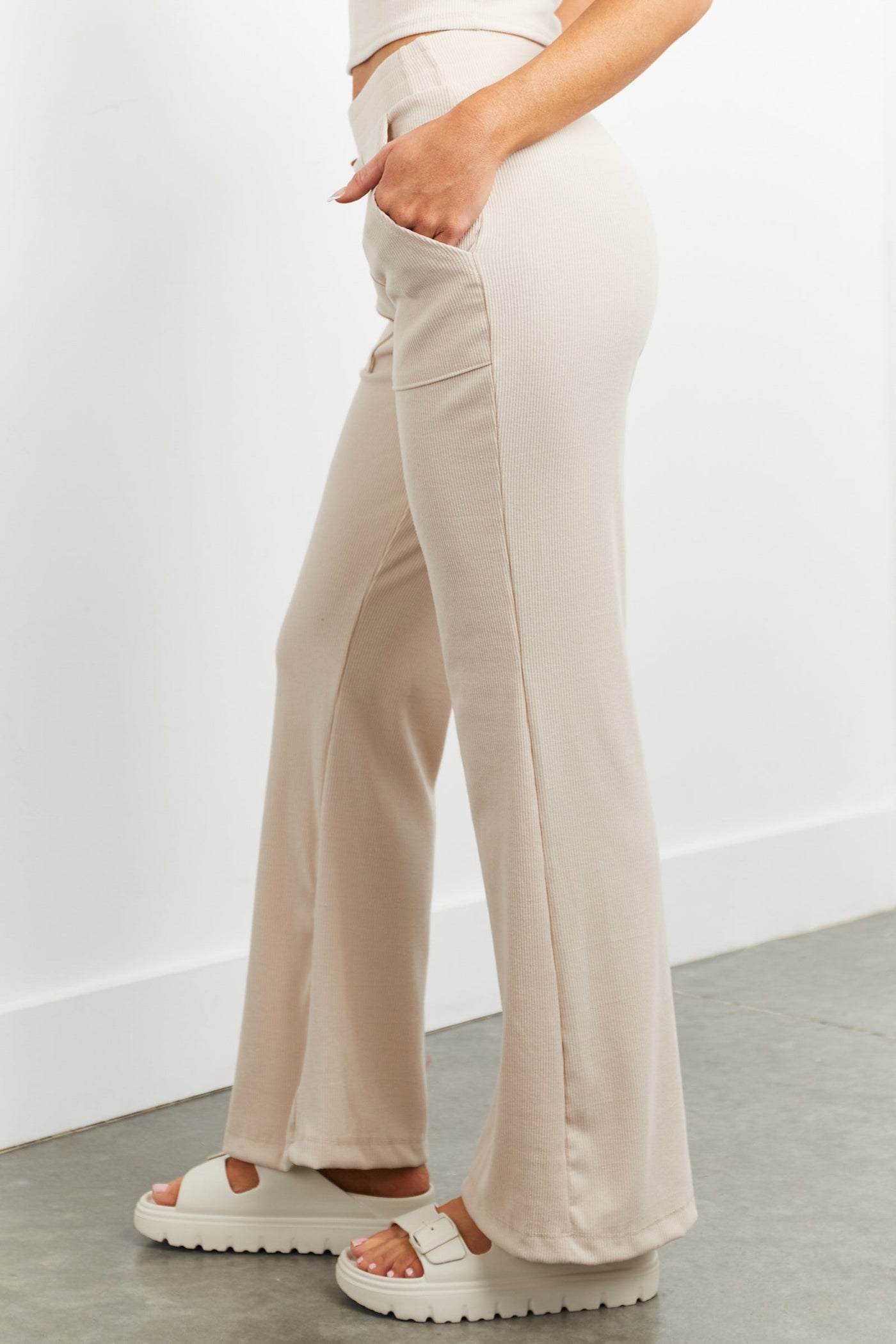 Natural Ribbed Knit Wide Leg Comfy Pants