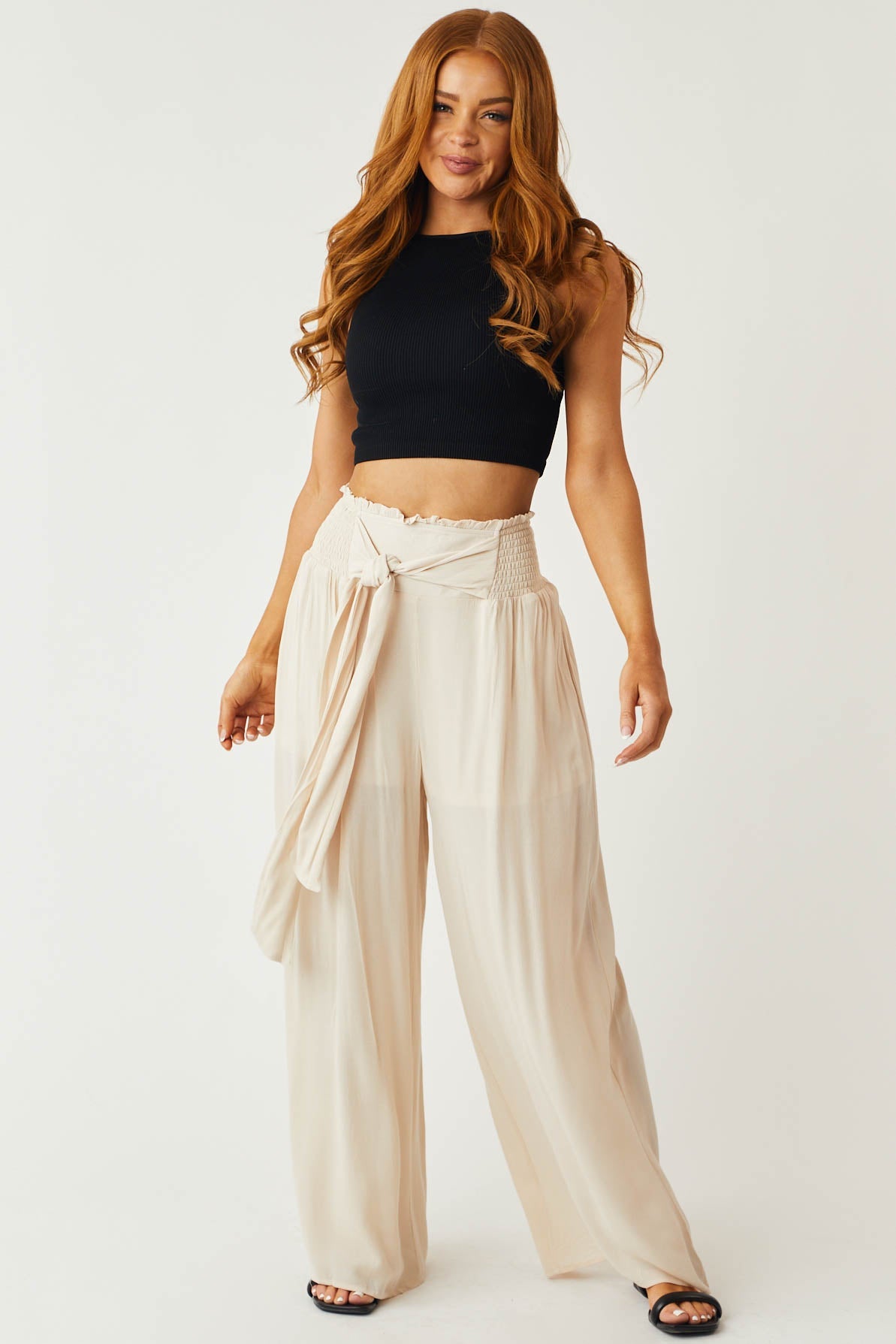 Natural Waist Tie Wide Leg Flowy Pants
