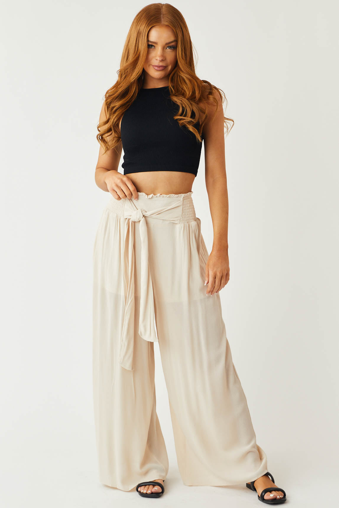 Natural Waist Tie Wide Leg Flowy Pants
