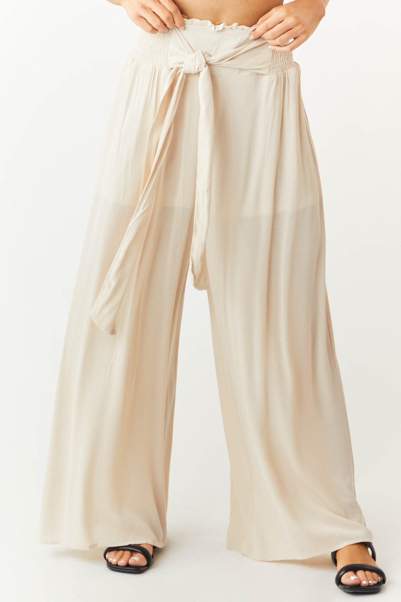 Natural Waist Tie Wide Leg Flowy Pants
