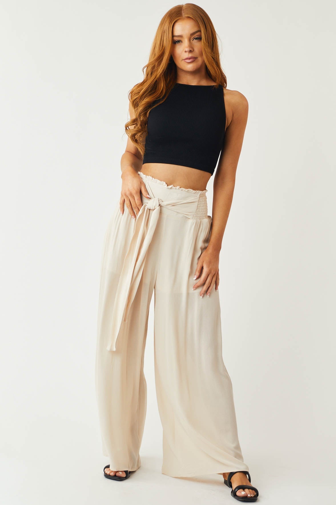 Natural Waist Tie Wide Leg Flowy Pants
