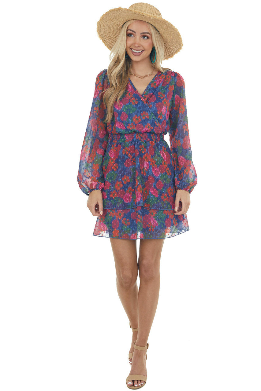 Navy Abstract Floral Swiss Dot Surplice Dress