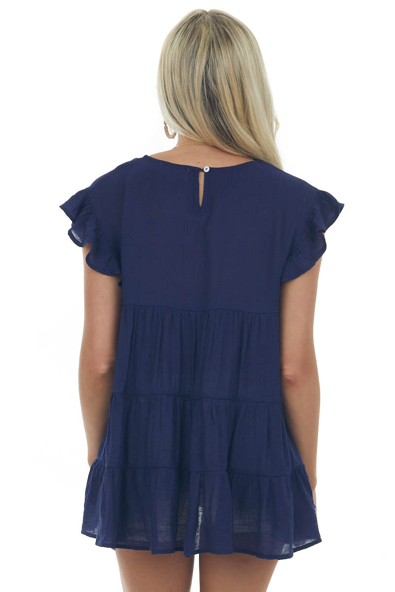 Navy Babydoll Tiered Ruffle Sleeve Blouse