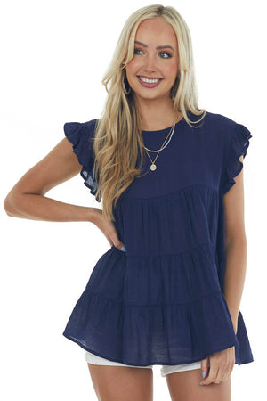 Navy Babydoll Tiered Ruffle Sleeve Blouse