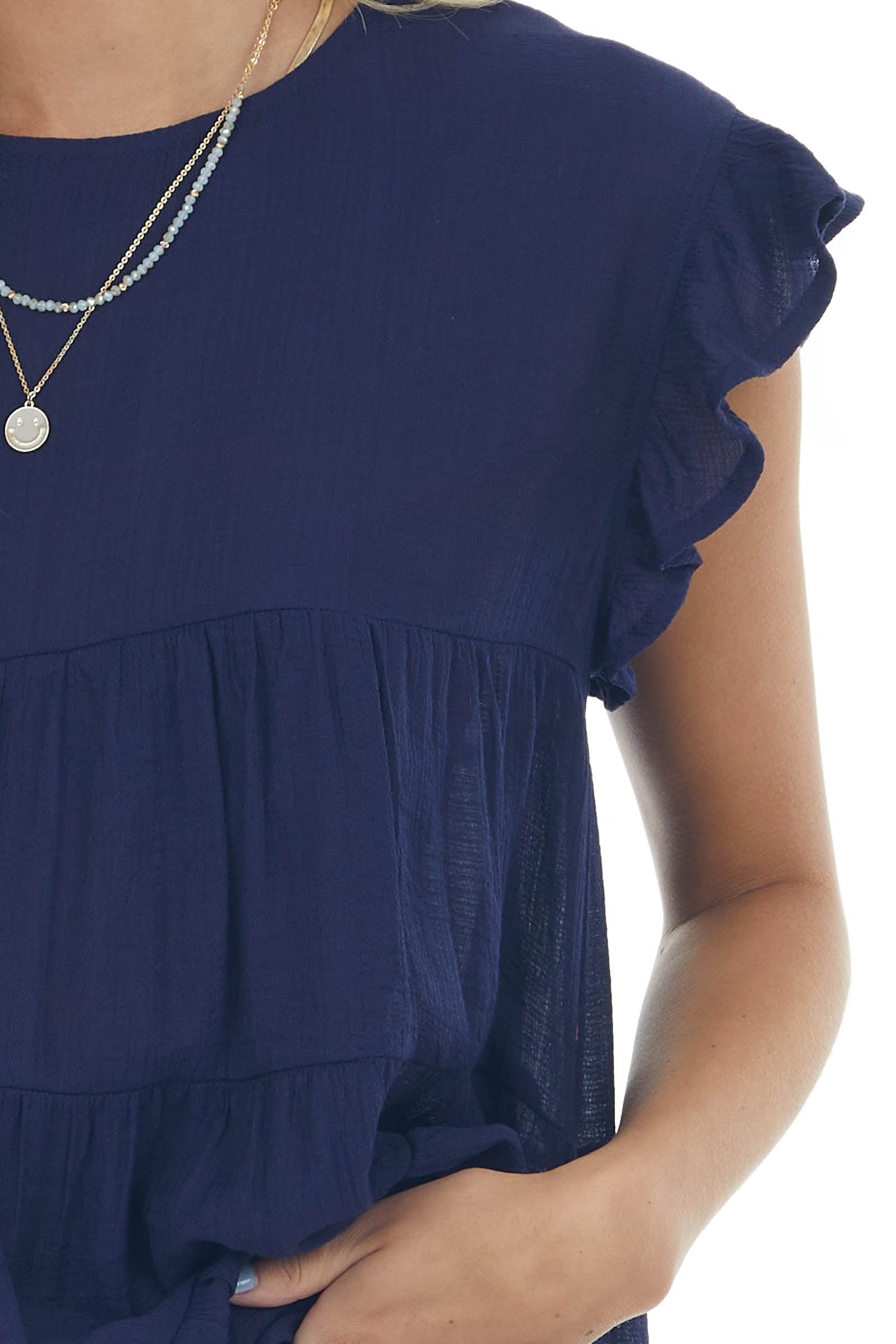 Navy Babydoll Tiered Ruffle Sleeve Blouse