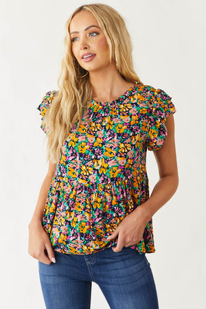Navy Blue Floral Print Ruffle Cap Sleeve Blouse