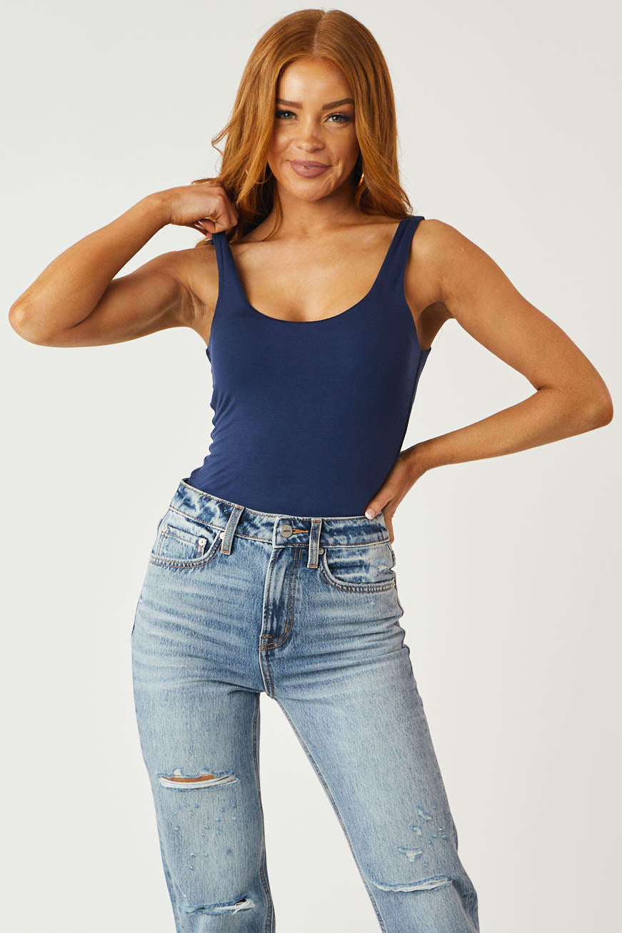 Navy Blue Scoop Neck Sleeveless Knit Bodysuit