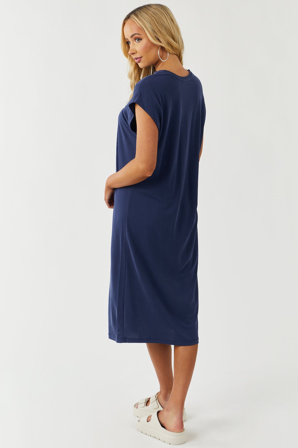 Navy Blue Short Sleeve Knit Midi Tee Shirt Dress