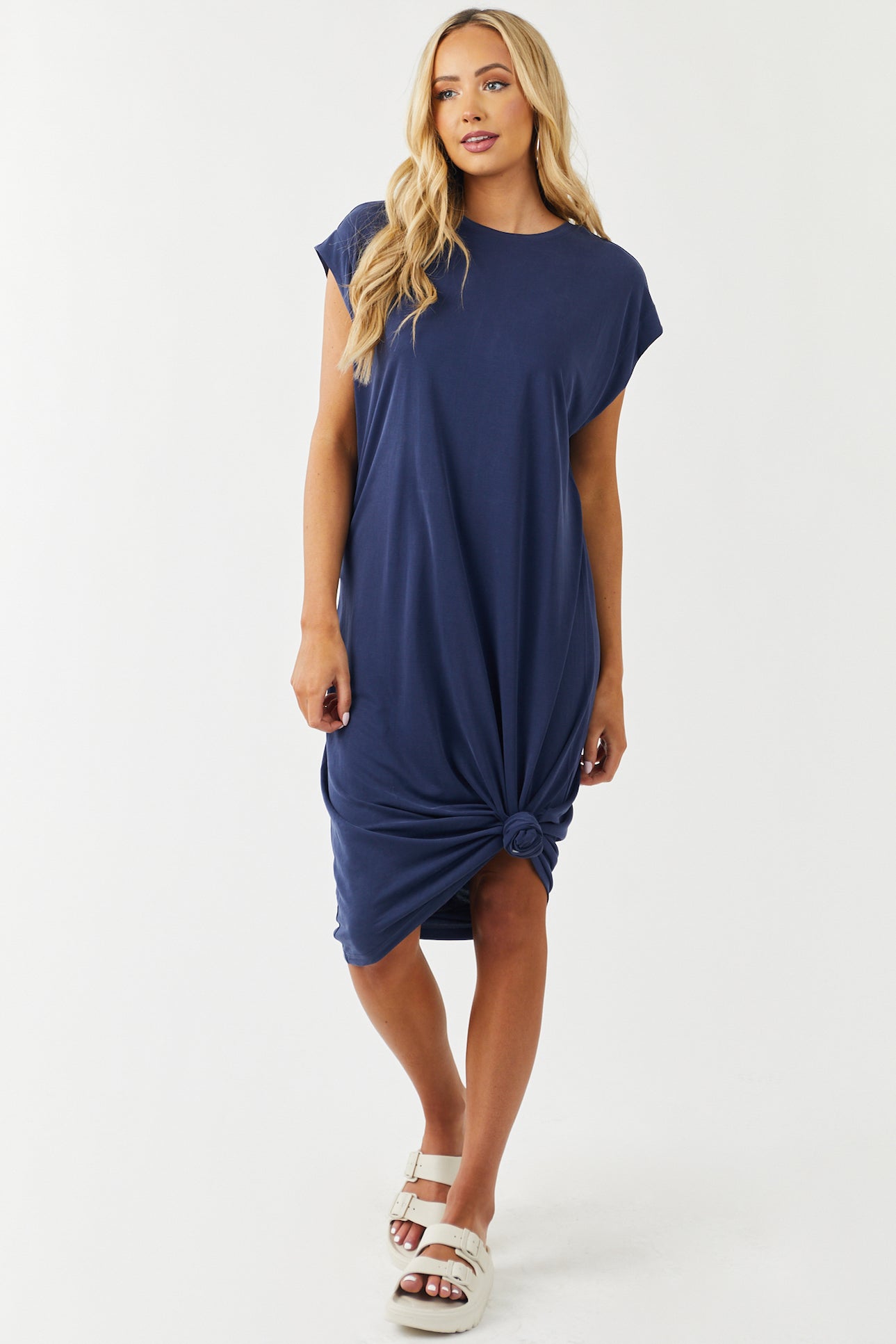 Navy Blue Short Sleeve Knit Midi Tee Shirt Dress