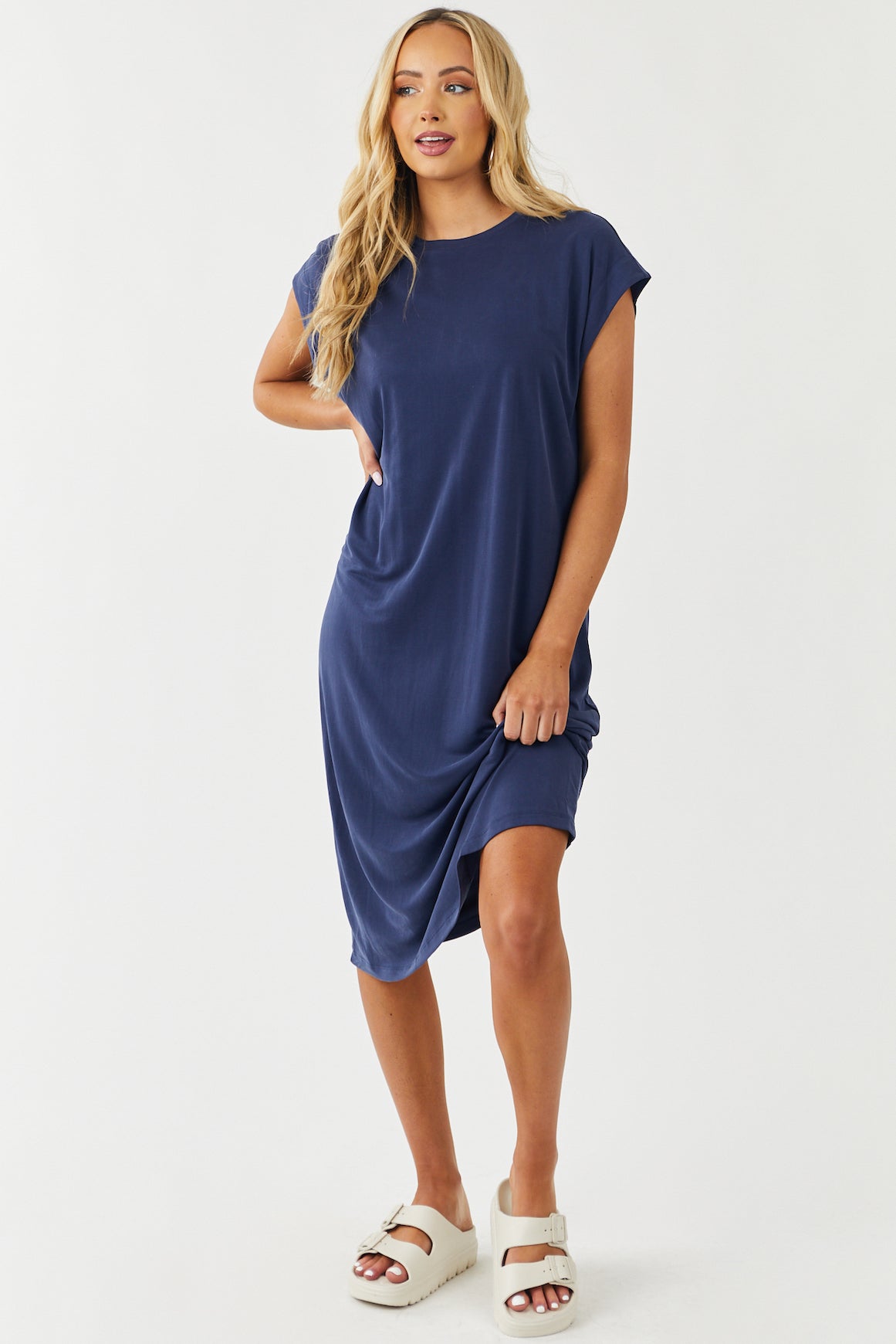 Navy Blue Short Sleeve Knit Midi Tee Shirt Dress