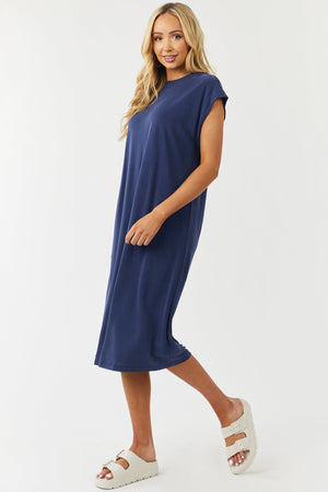 Navy Blue Short Sleeve Knit Midi Tee Shirt Dress