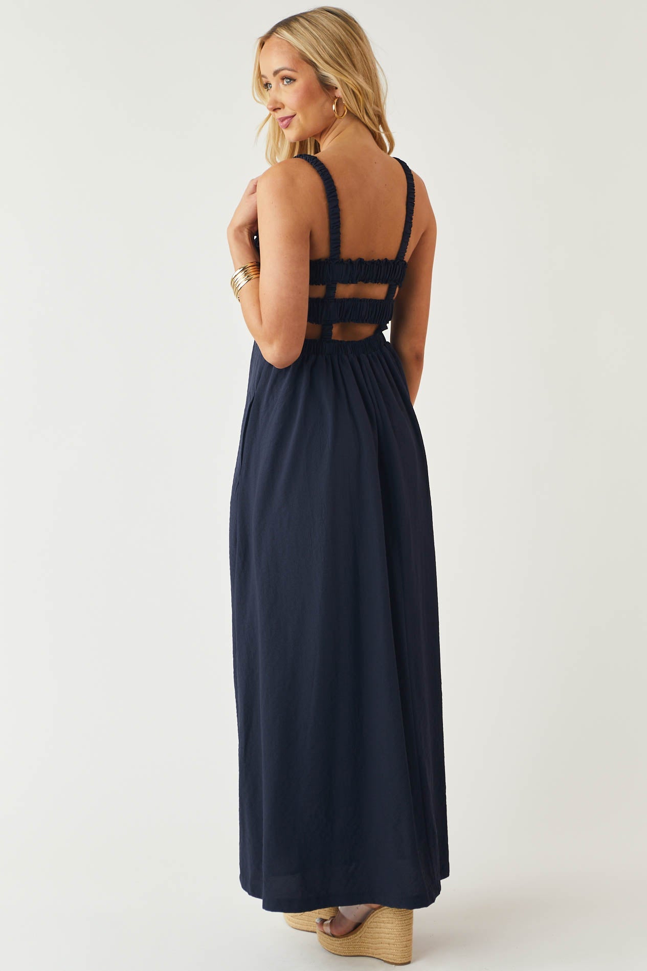 Navy Blue Sleeveless Smocked Ruffle Maxi Dress