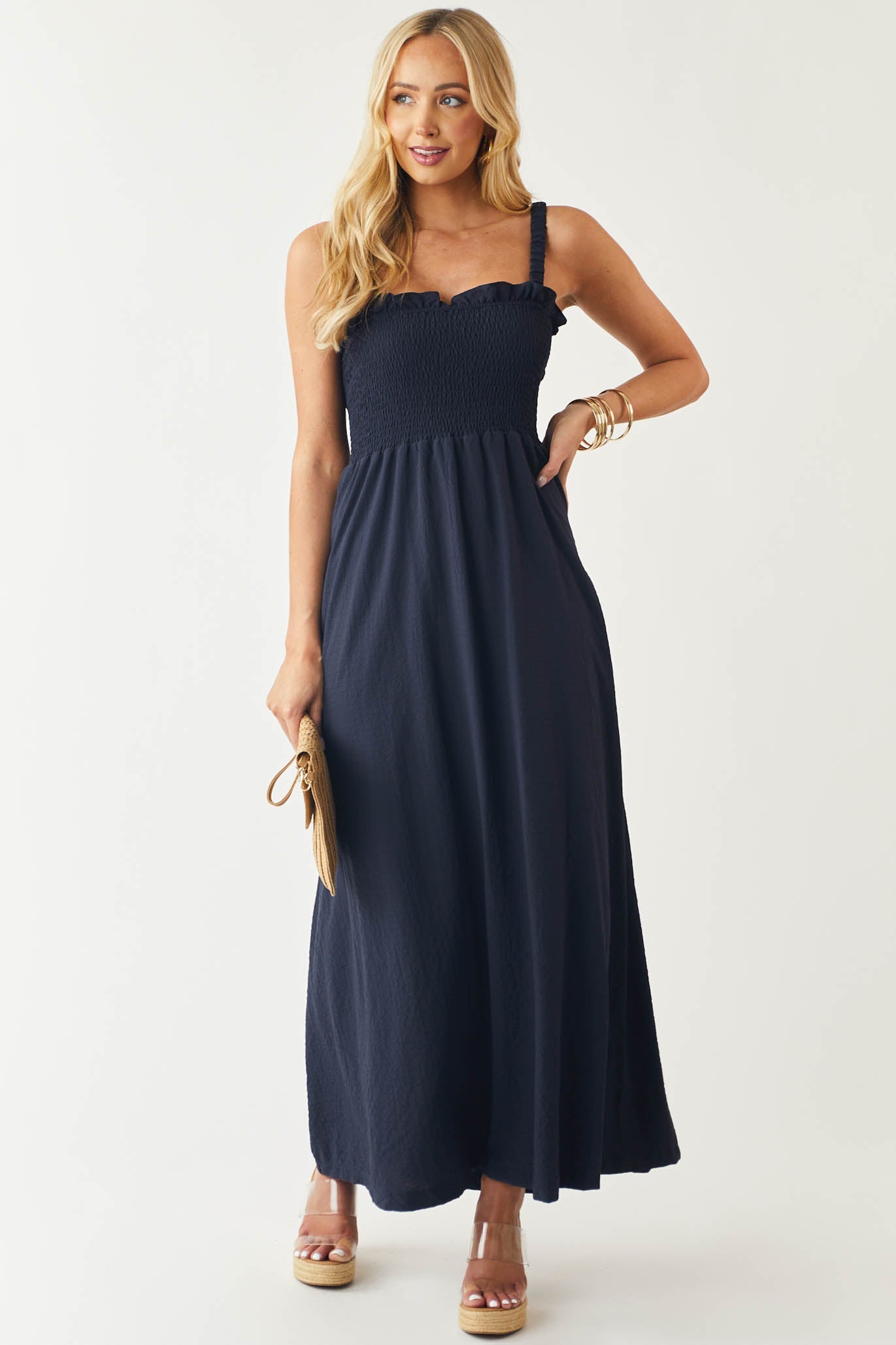 Navy Blue Sleeveless Smocked Ruffle Maxi Dress