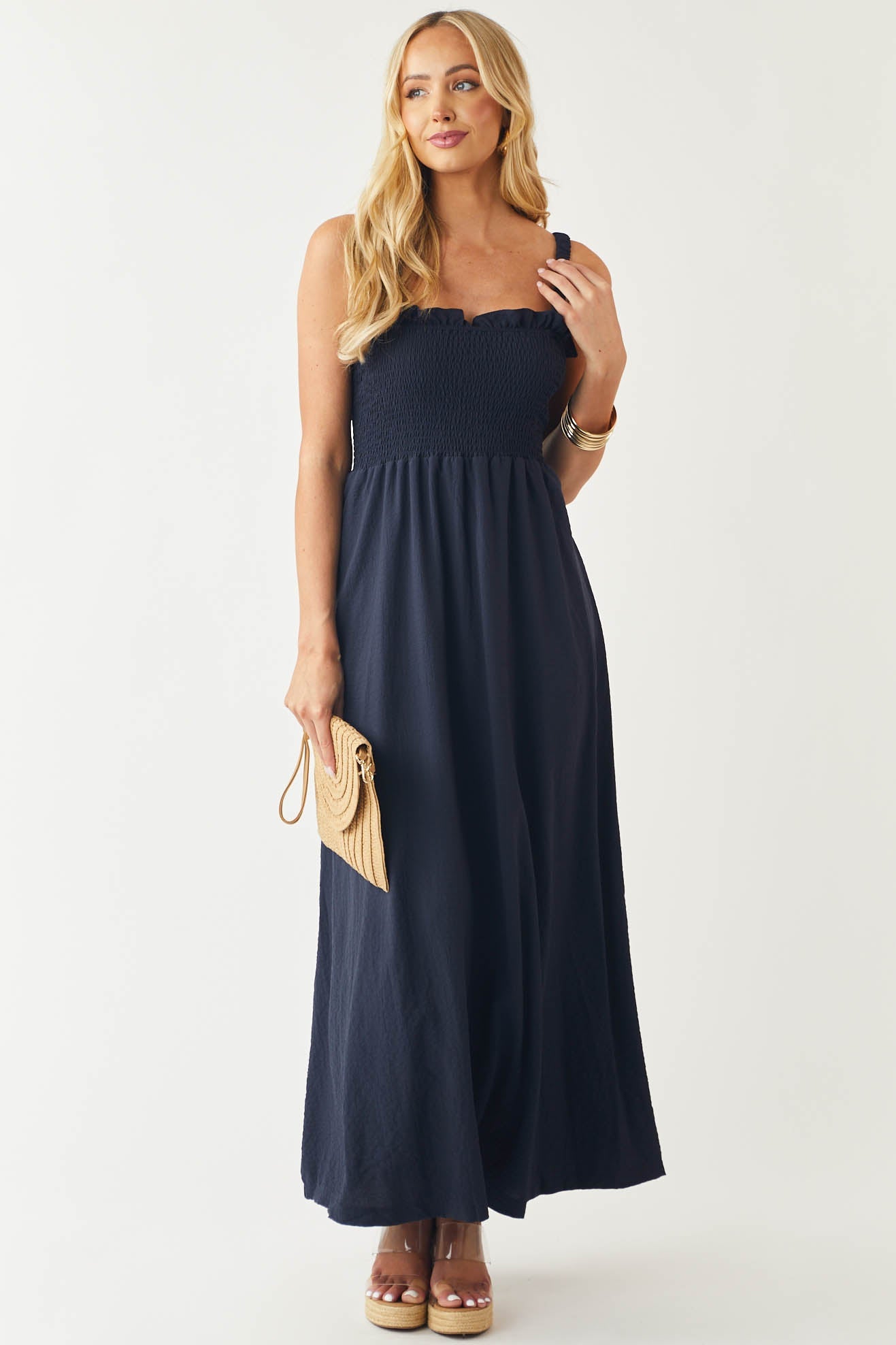 Navy Blue Sleeveless Smocked Ruffle Maxi Dress