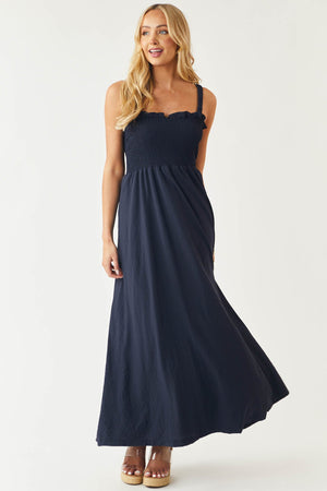 Navy Blue Sleeveless Smocked Ruffle Maxi Dress