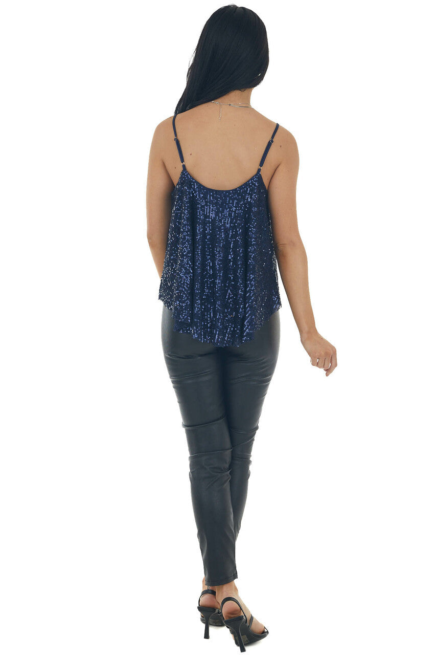 Navy Blue Spaghetti Strap Knit Sequin Cami Top 