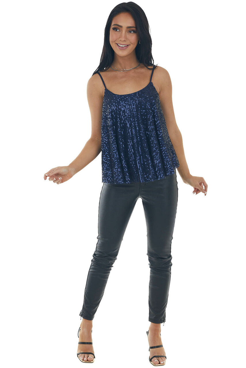 Navy Blue Spaghetti Strap Knit Sequin Cami Top 