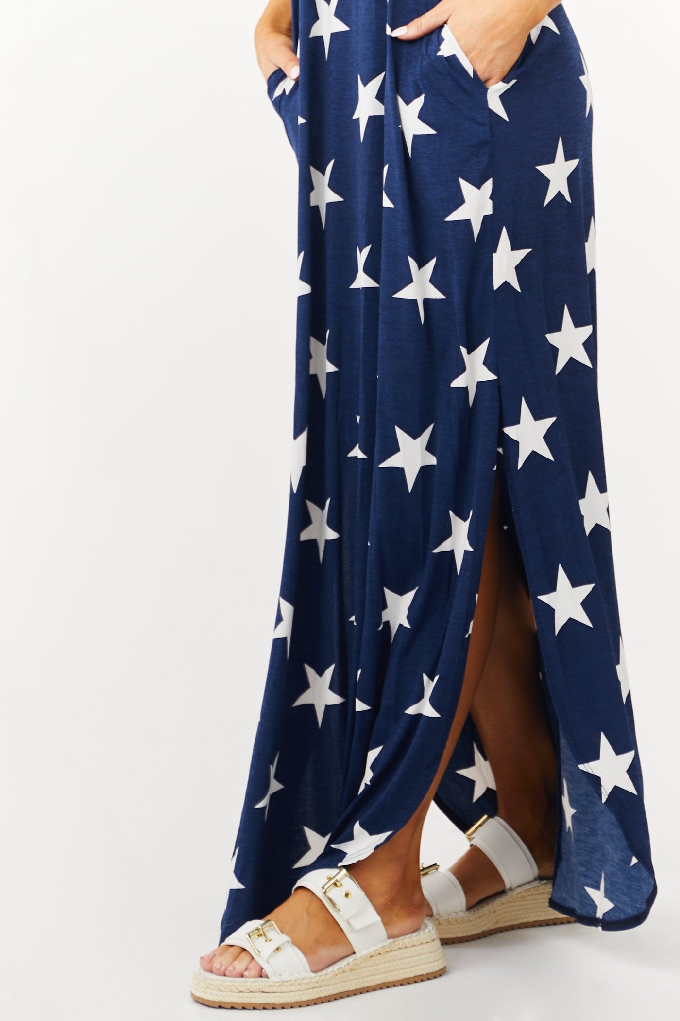 Navy Blue Star Print Sleeveless Maxi Dress with Side Slits