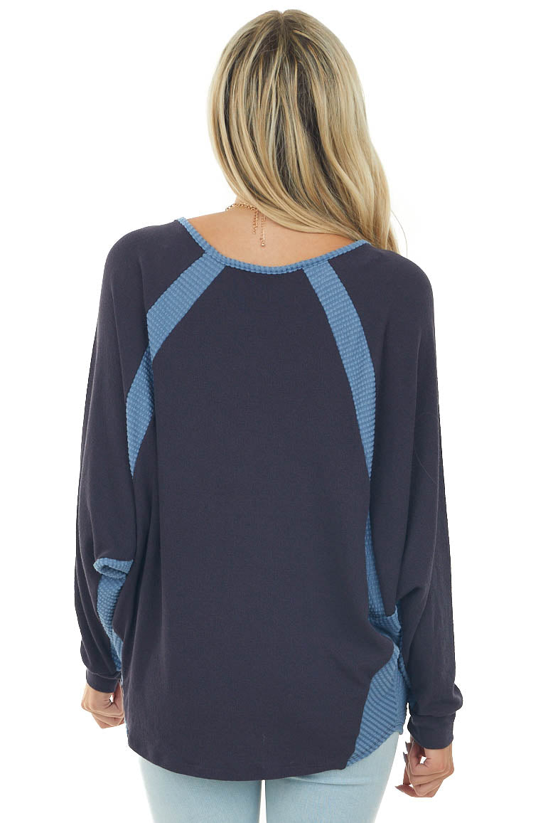 Navy Blue V Neck Knit Top with Ribbed Contrast