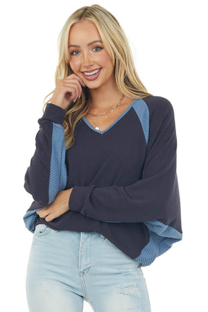 Navy Blue V Neck Knit Top with Ribbed Contrast