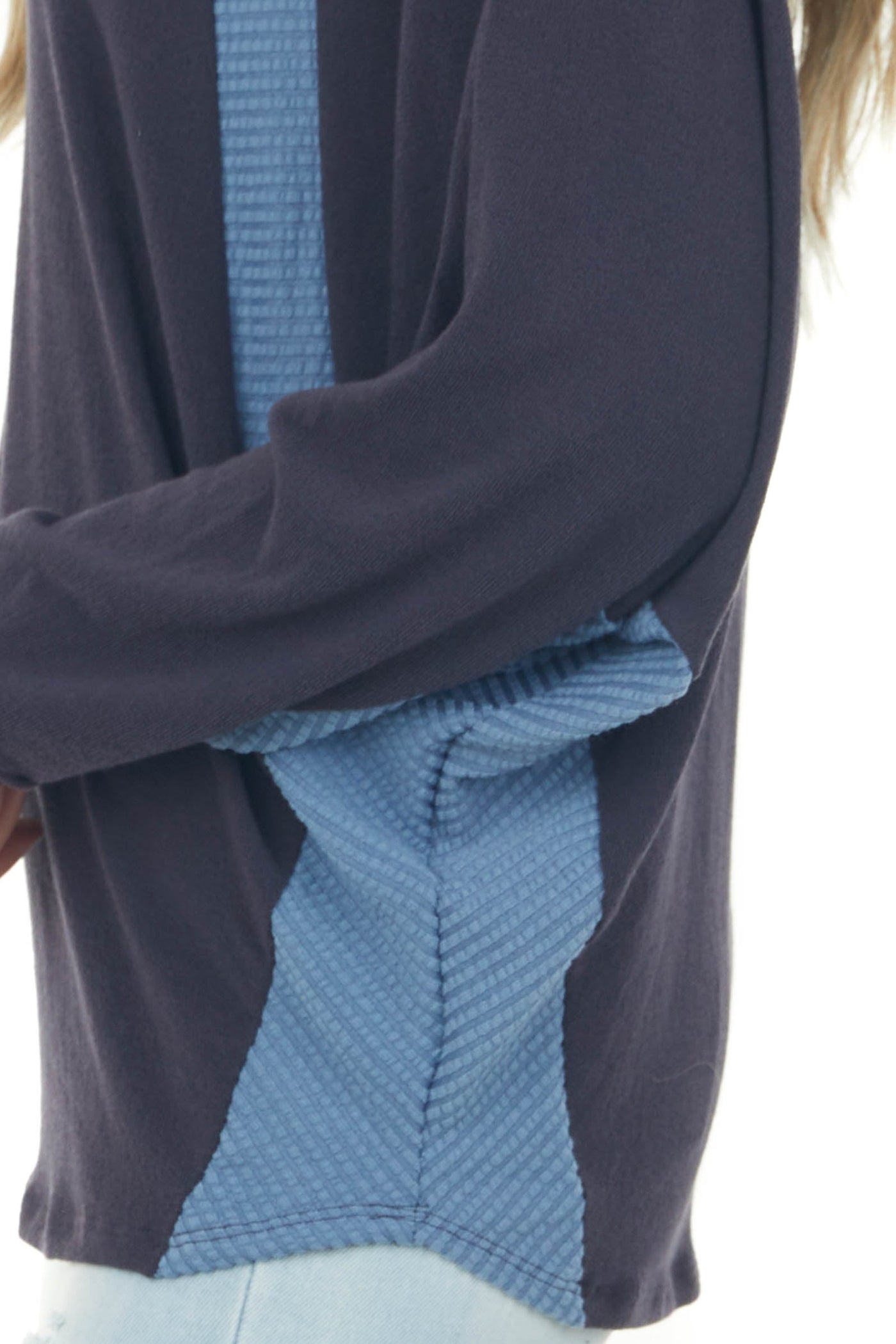 Navy Blue V Neck Knit Top with Ribbed Contrast