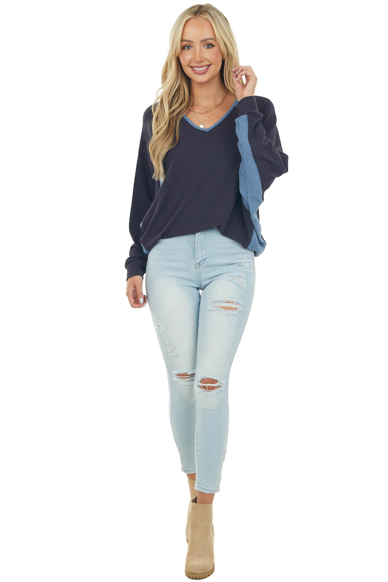 Navy Blue V Neck Knit Top with Ribbed Contrast