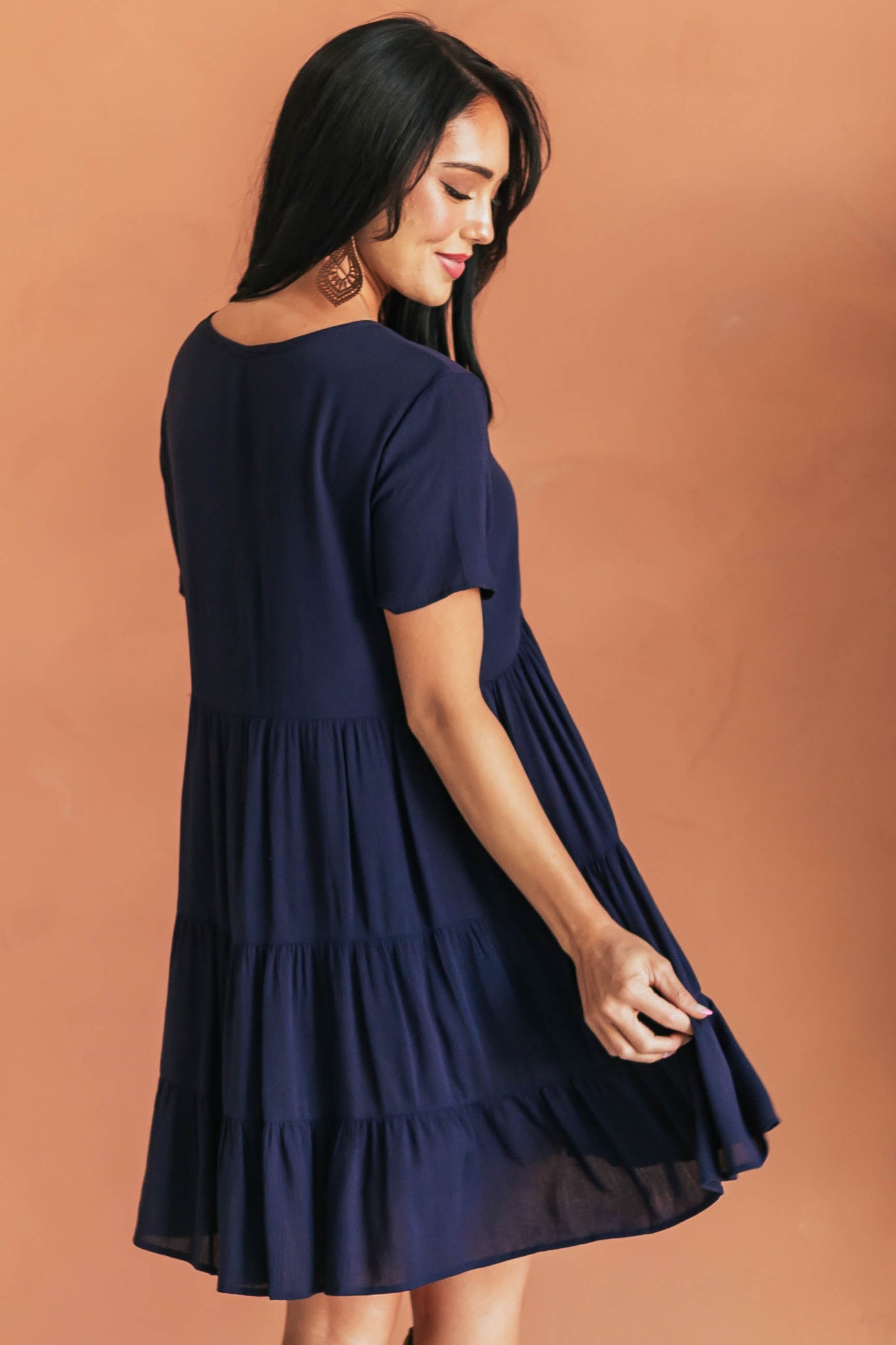 Navy Button Down Crinkle Tiered Short Dress