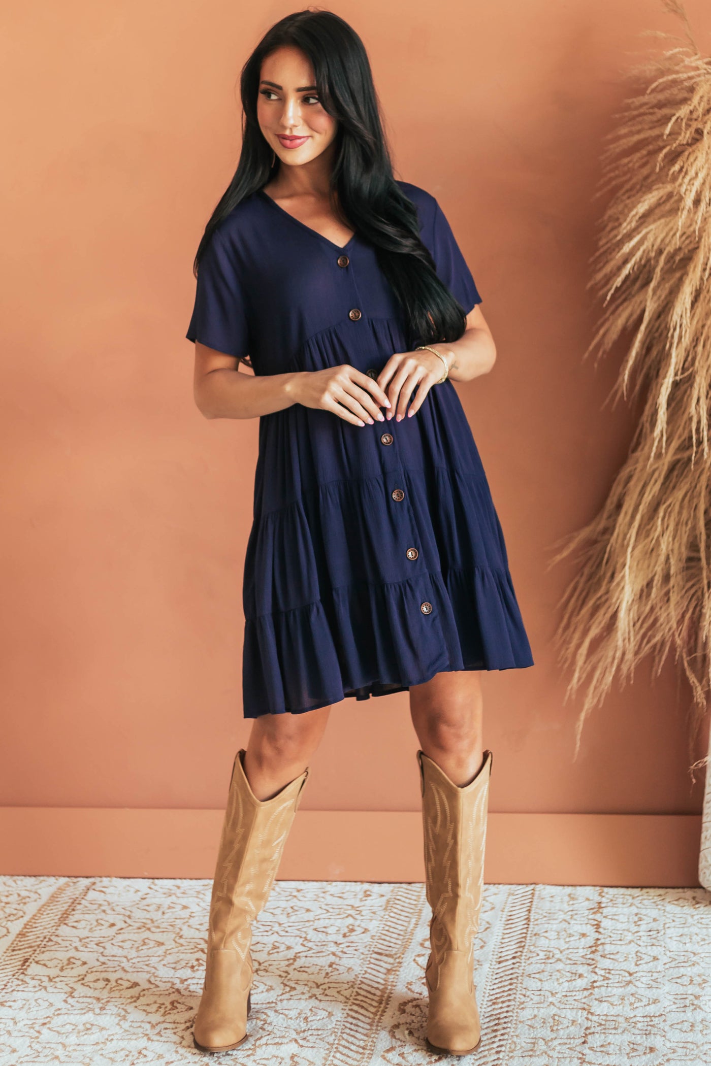 Navy Button Down Crinkle Tiered Short Dress