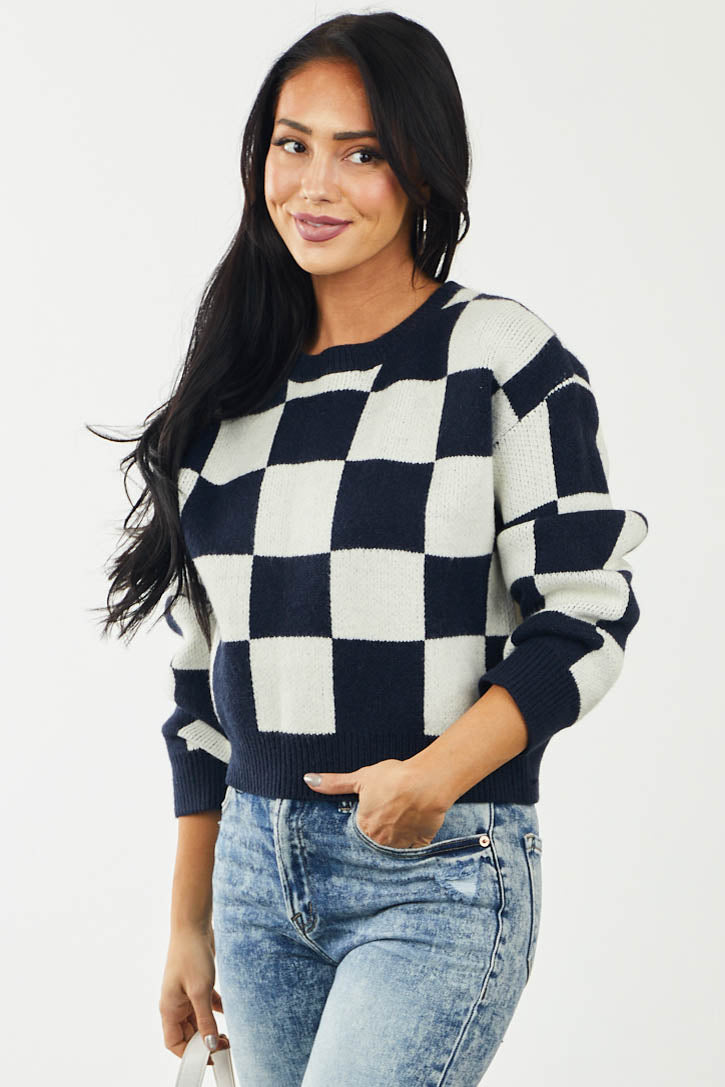 Navy Checkered Long Sleeve Cropped Sweater