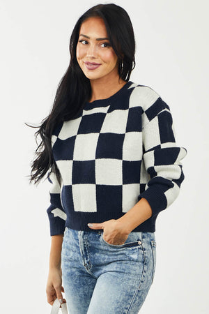 Navy Checkered Long Sleeve Cropped Sweater