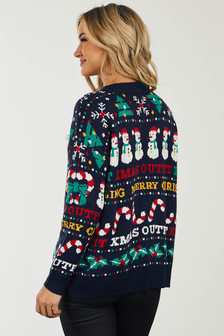 Navy Christmas Print Long Sleeve Knit Sweater
