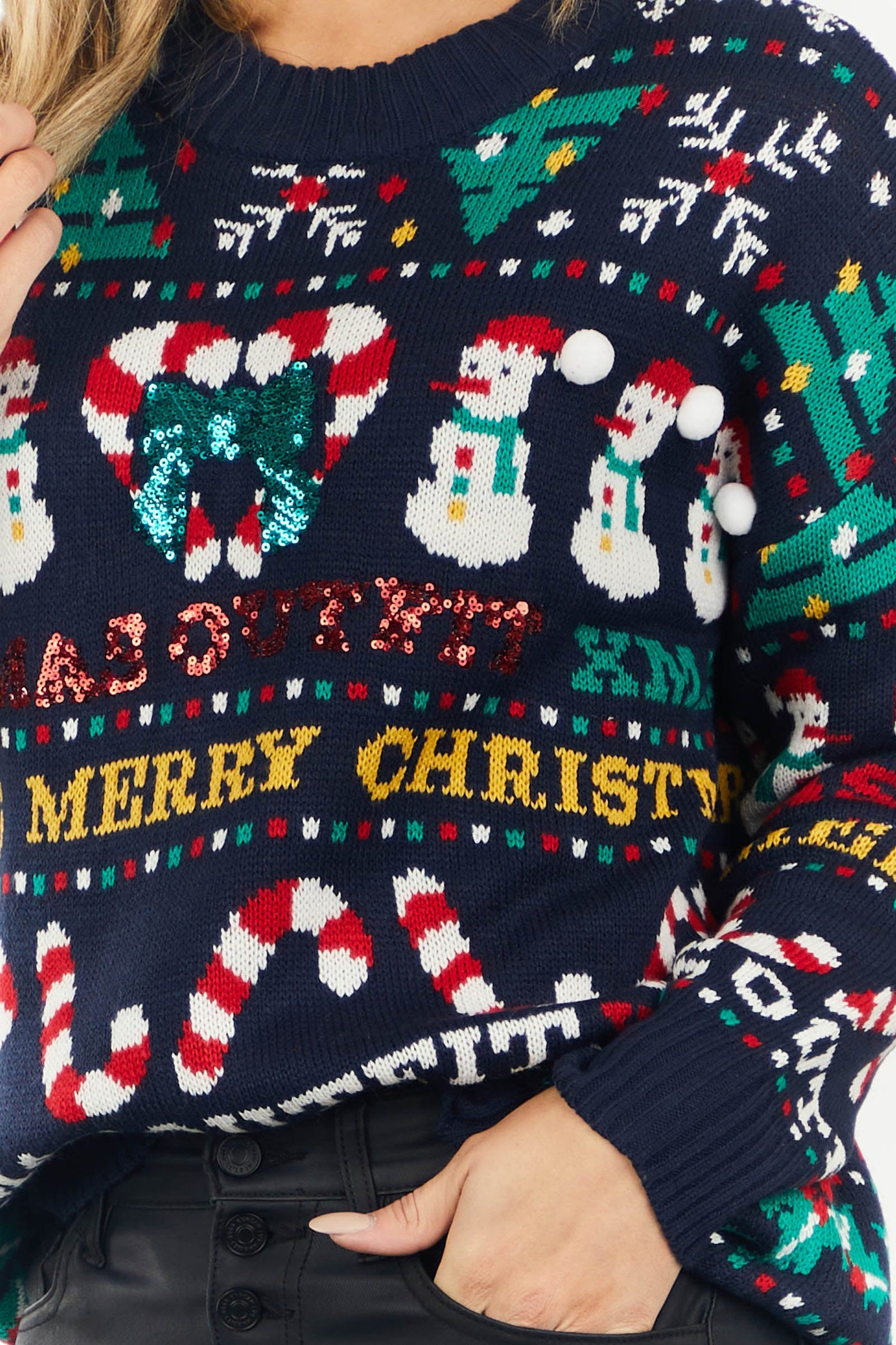 Navy Christmas Print Long Sleeve Knit Sweater