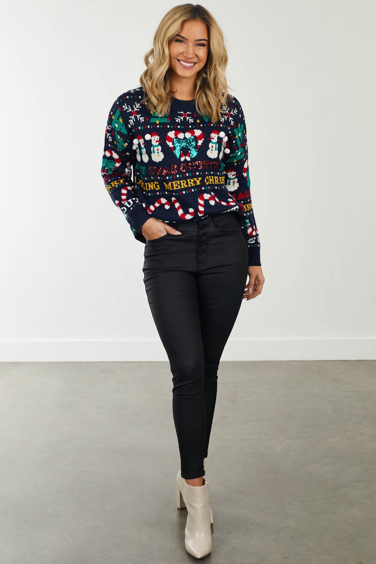Navy Christmas Print Long Sleeve Knit Sweater
