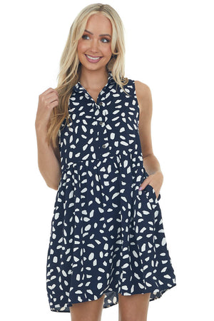 Navy Dalmatian Sleeveless Collar Short Dress