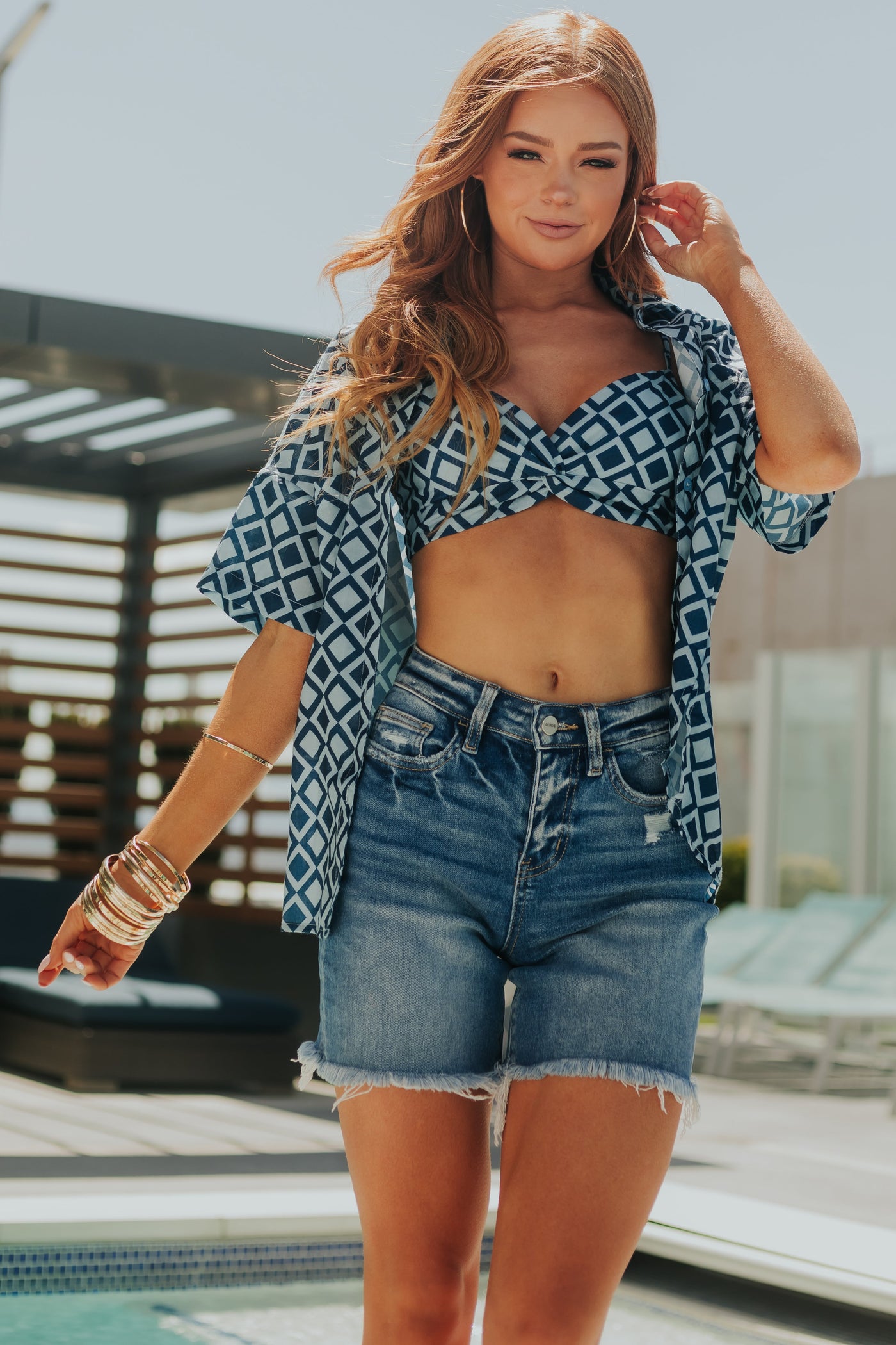 Navy Diamond Print Button Shirt and Bra Set