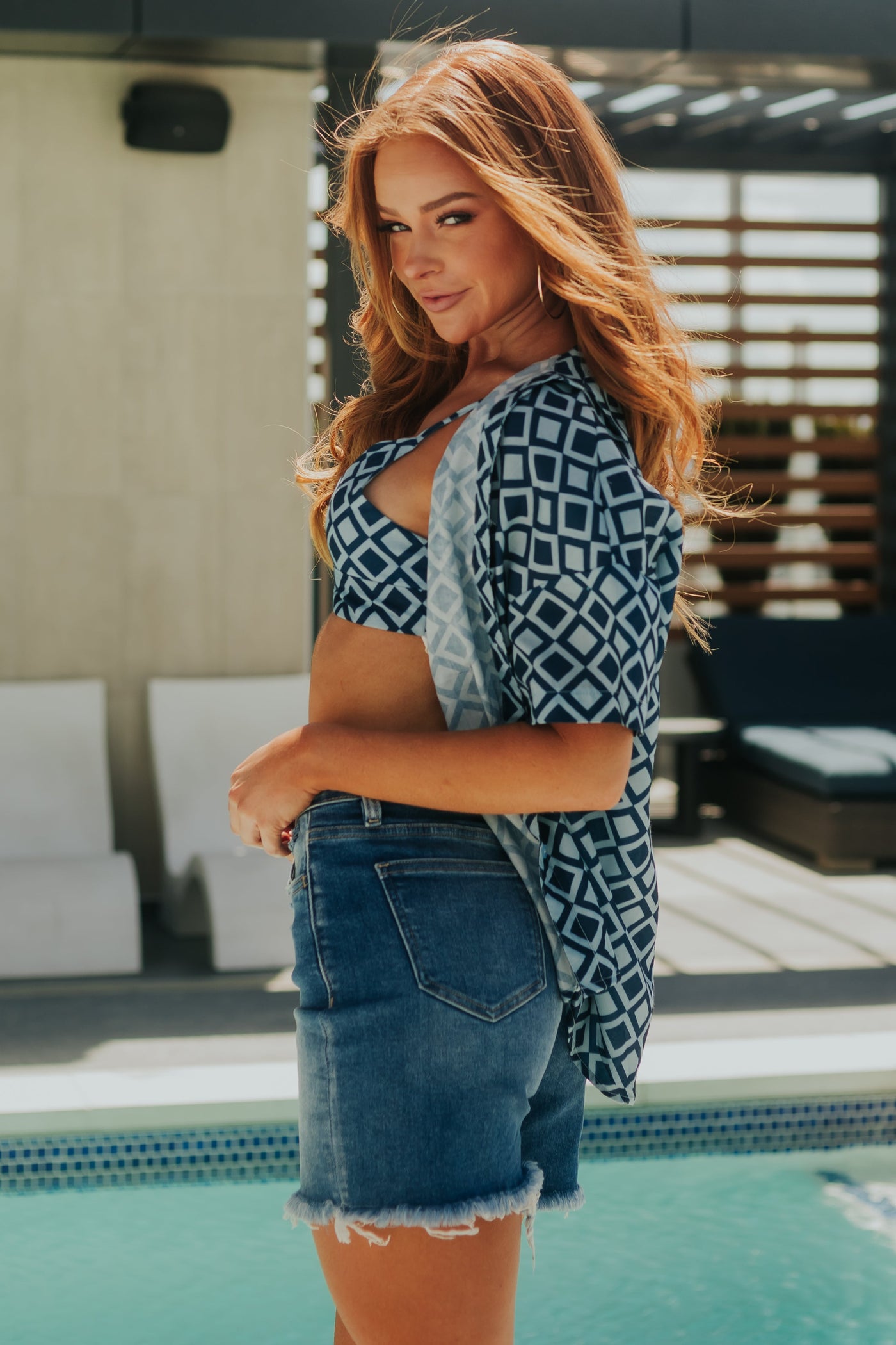 Navy Diamond Print Button Shirt and Bra Set