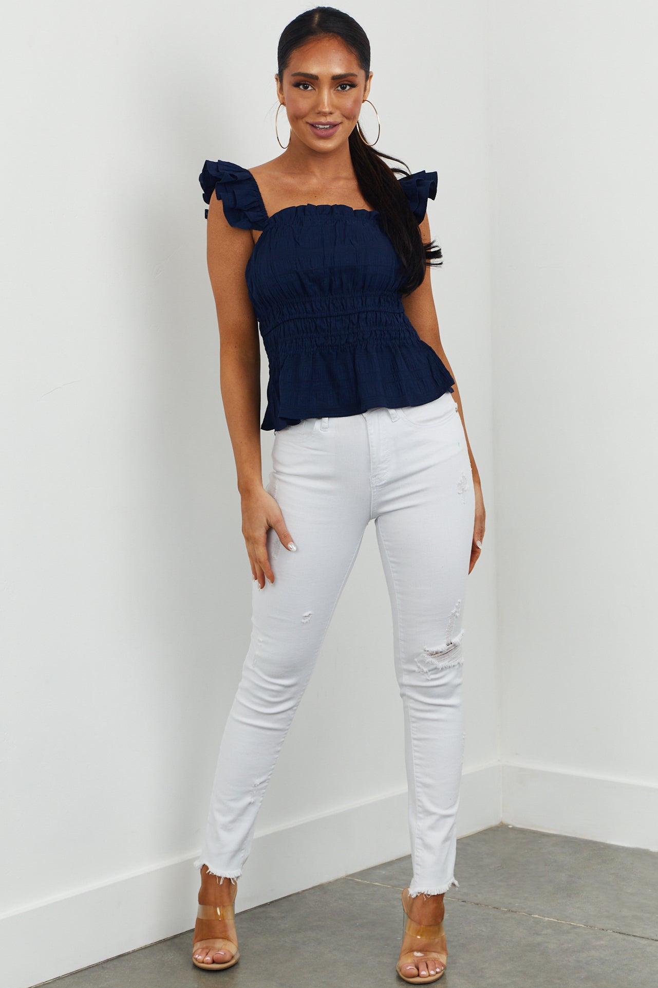 Navy Elastic Smocked Waist Sleeveless Woven Top