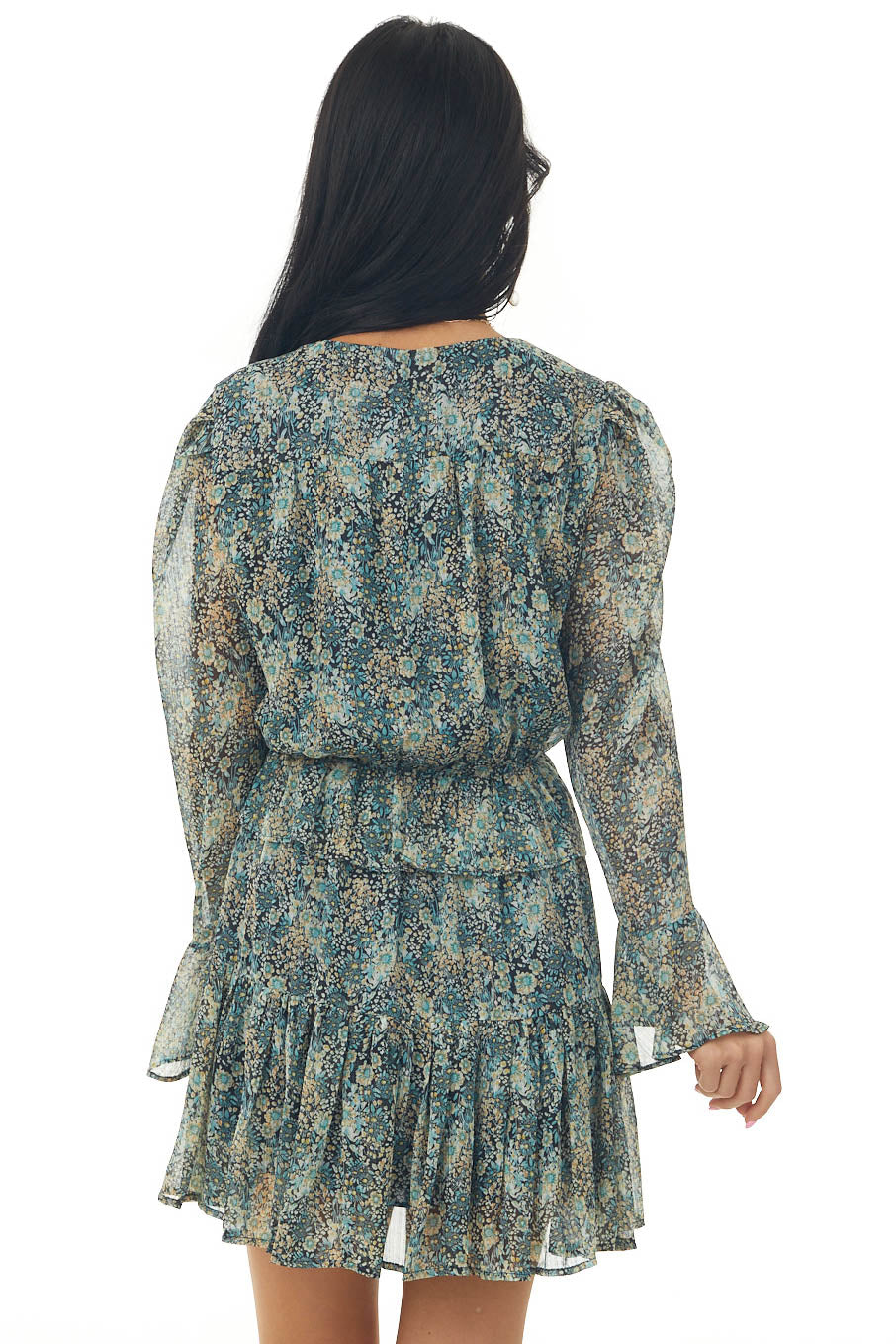 Navy Floral Button Front Long Sleeve Dress