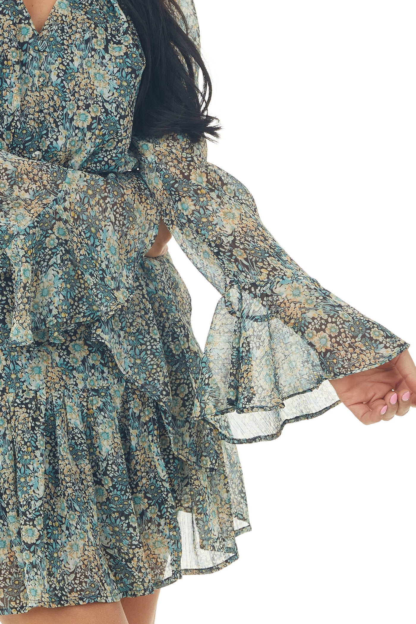 Navy Floral Button Front Long Sleeve Dress