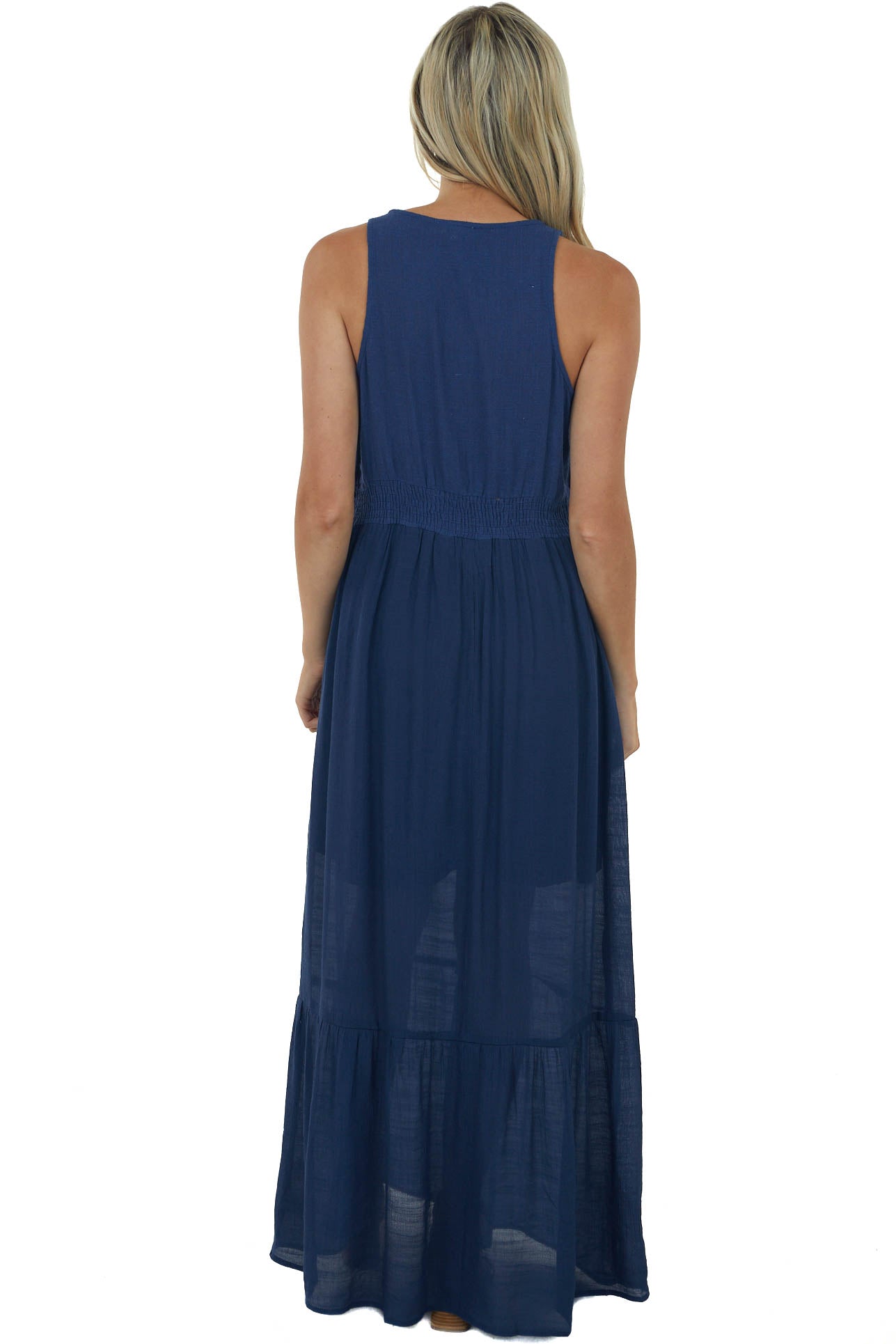 Navy Floral Embroidered Sleeveless Maxi Dress